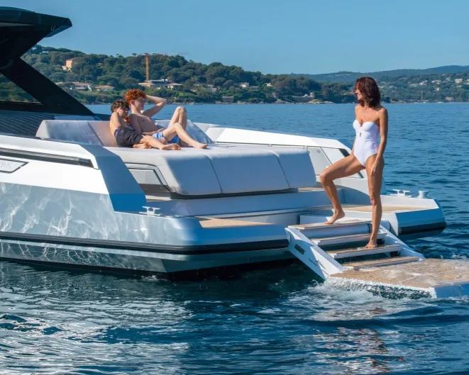 Santasevera 52 aft deck with sun pad and transformer stern