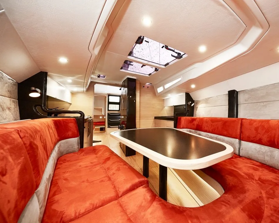 Shogun 50 oak-veneer saloon with wide hull windows