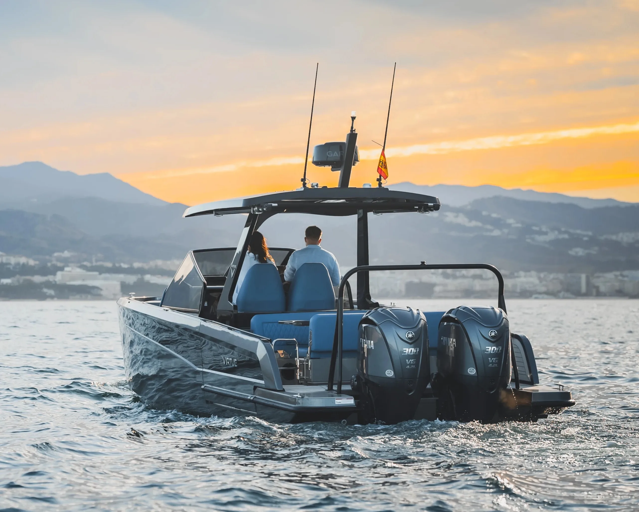 Virtue V10 T-Top with its carbon hardtop over the helm