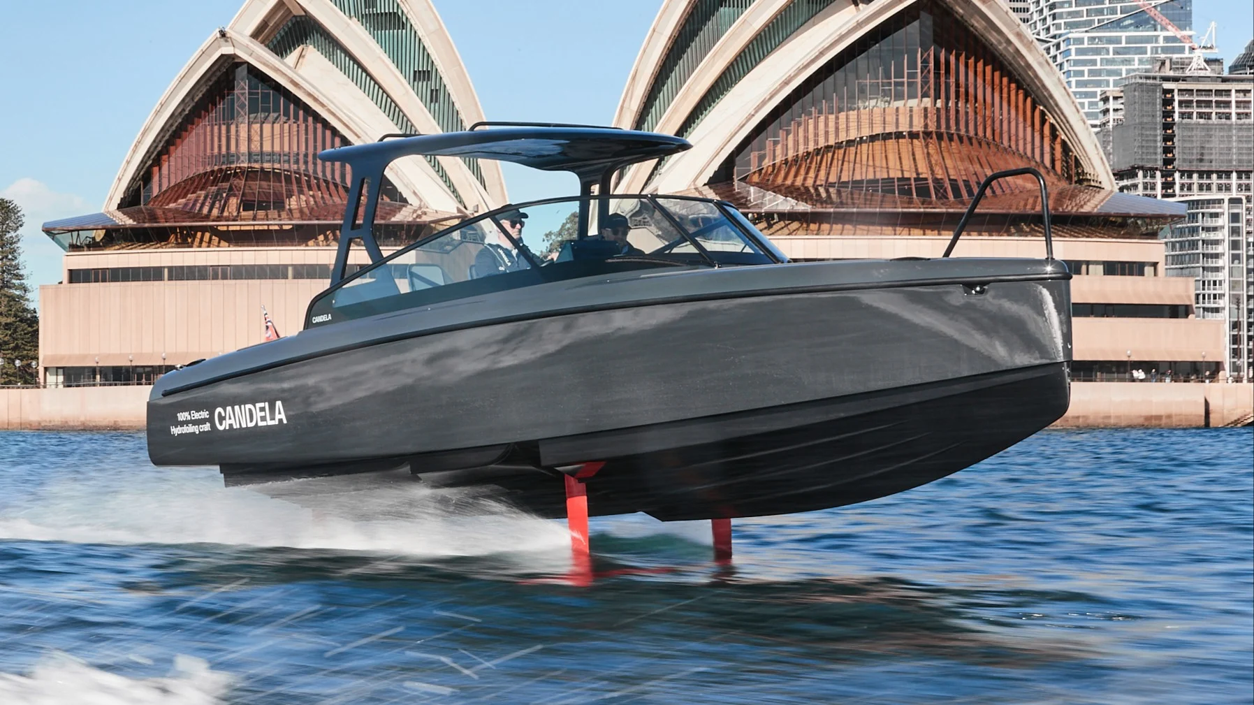 Candela Boats & Ferries C-8 electric hydrofoil flying above the water.