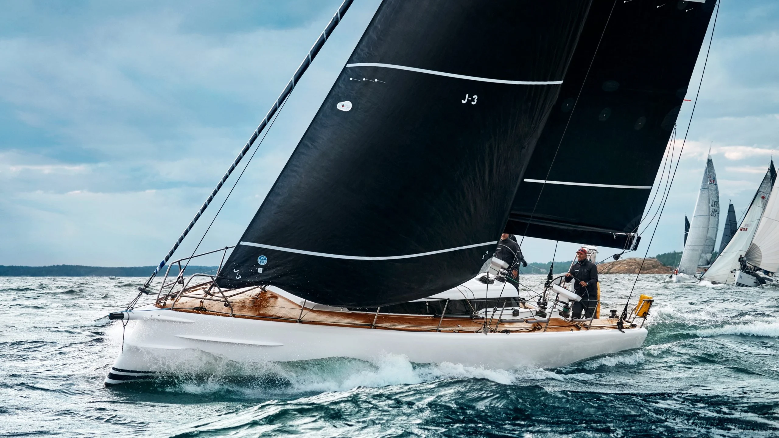 Shogun Yachts Shogun 50 sailing with carbon performance hull and dark topsides.