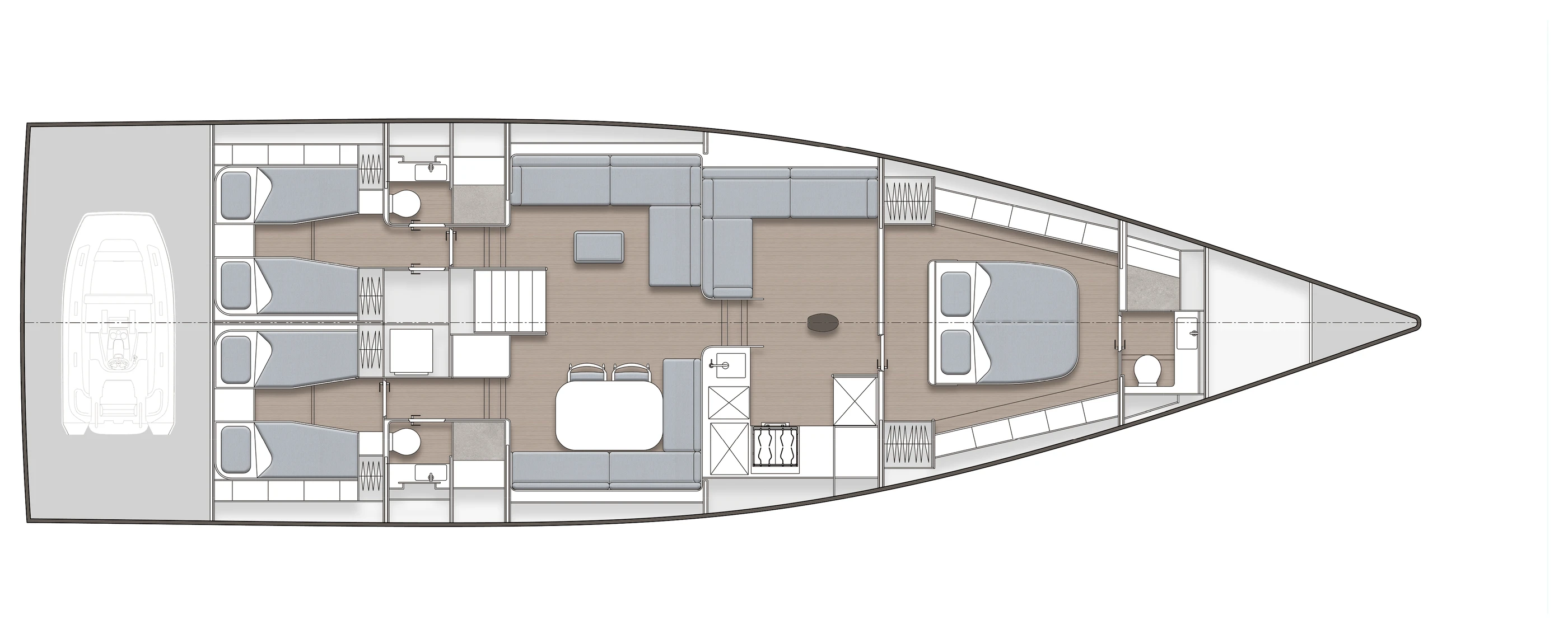 YYachts Y6 standard three-cabin layout with owner's suite forward and two twin guest cabins aft