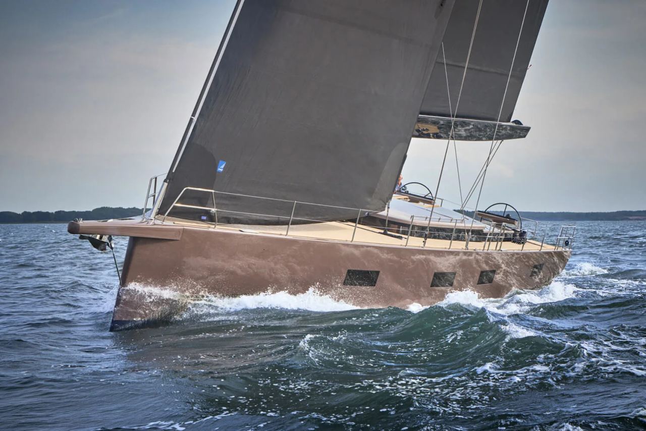 YYachts Y6 performance cruising yacht under sail, exterior view.