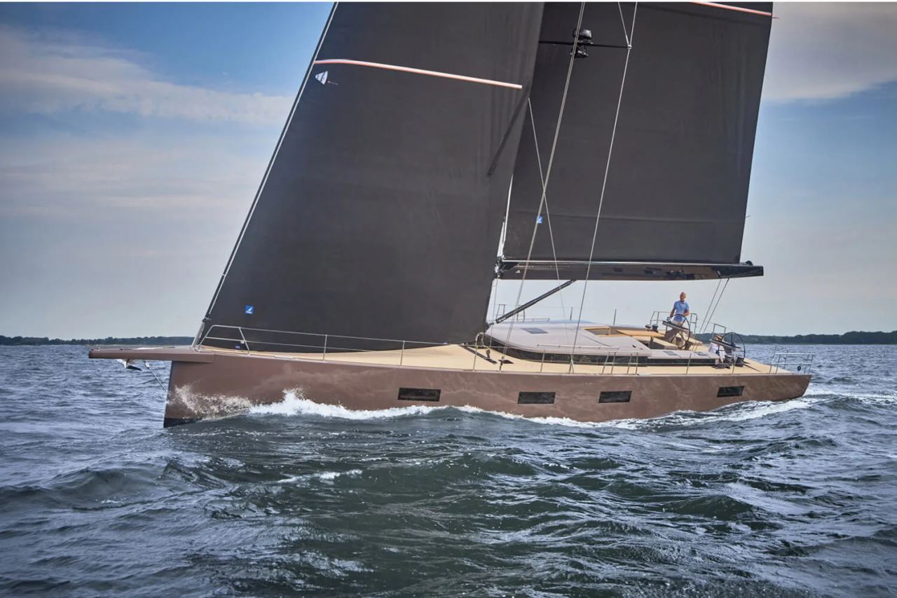 YYachts Y6 performance cruising yacht under sail, exterior view.